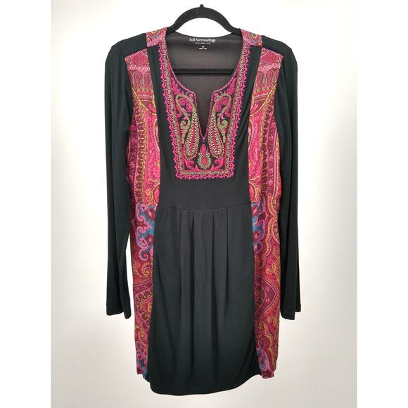 Soft Surroundings Kashmir Tunic Dress XS Embroidered Beaded Paisley Black Pink - Picture 1 of 10